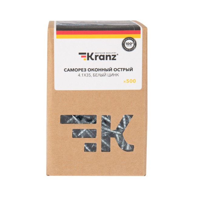 Саморез оконный KRANZ острый, 4.1х35, белый цинк, короб (500 шт./уп.)