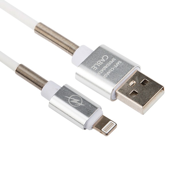 USB кабель для iPhone 5/6/7/8/Х моделей, белый силикон, 1 метр  (с пружиной) REXANT