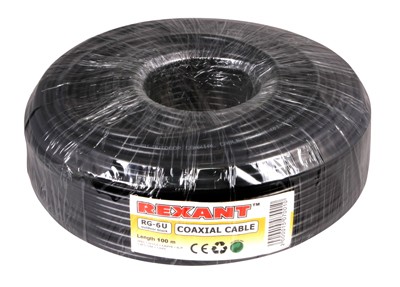 Кабель коаксиальный RG-6U, 75Ом, CCS/Al/Al, 64%, 100м, OUTDOOR, черный REXANT