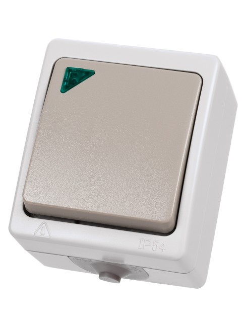 Переключатель на 2 направления 1-кл. с подсветкой открытой установки IP54 10А серый "Вуокса" TDM Переключатель на 2 направления 1-кл. с подсветкой открытой установки IP54 10А серый "Вуокса" TDM