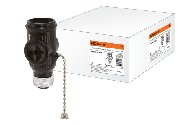 Патрон-розетка карболитовый с выключателем, Е27, черный, TDM 