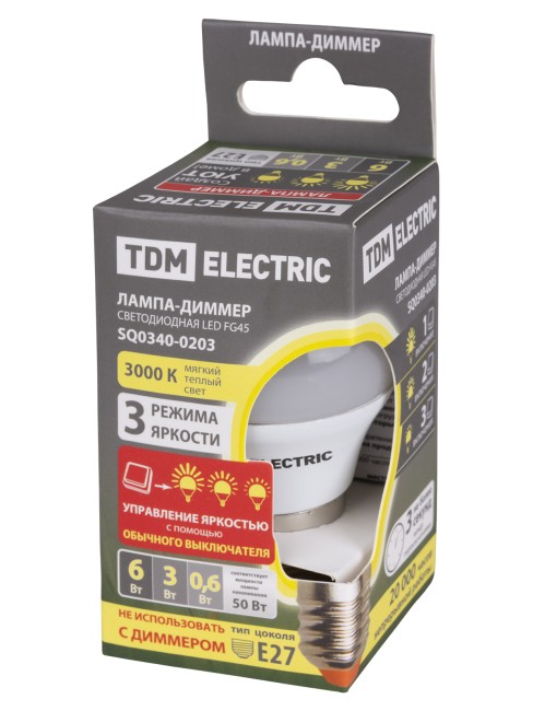 Лампа светодиодная FG45-6 Вт-230 В-3000 К–E27 "Лампа-ДИММЕР" TDM Лампа светодиодная FG45-6 Вт-230 В-3000 К–E27 "Лампа-ДИММЕР" TDM