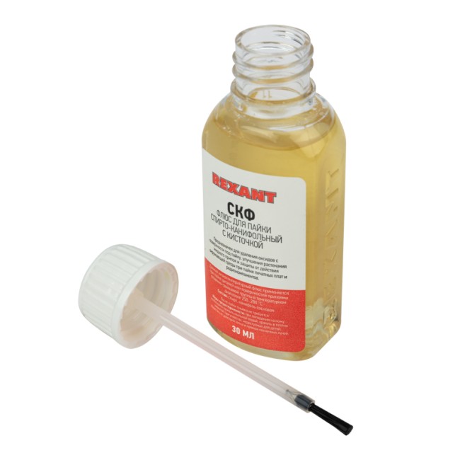 Флюс для пайки, СКФ (спирто-канифольный), 30мл, с кисточкой, флакон REXANT Флюс для пайки, СКФ (спирто-канифольный), 30мл, с кисточкой, флакон REXANT