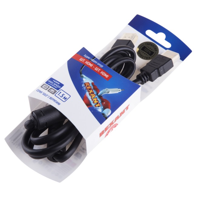 Шнур HDMI - HDMI, 1,5м, с ферритами, Gold REXANT Шнур HDMI - HDMI, 1,5м, с ферритами, Gold REXANT