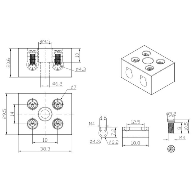 Клемма керамическая винтовая КВ 12 мм² 2 пары контактов с крепежным отверстием (50 шт./уп.) REXANT