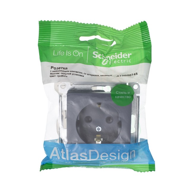 Розетка ATLASDESIGN с заземлением со шторками 16А механизм грифель Розетка ATLASDESIGN с заземлением со шторками 16А механизм грифель