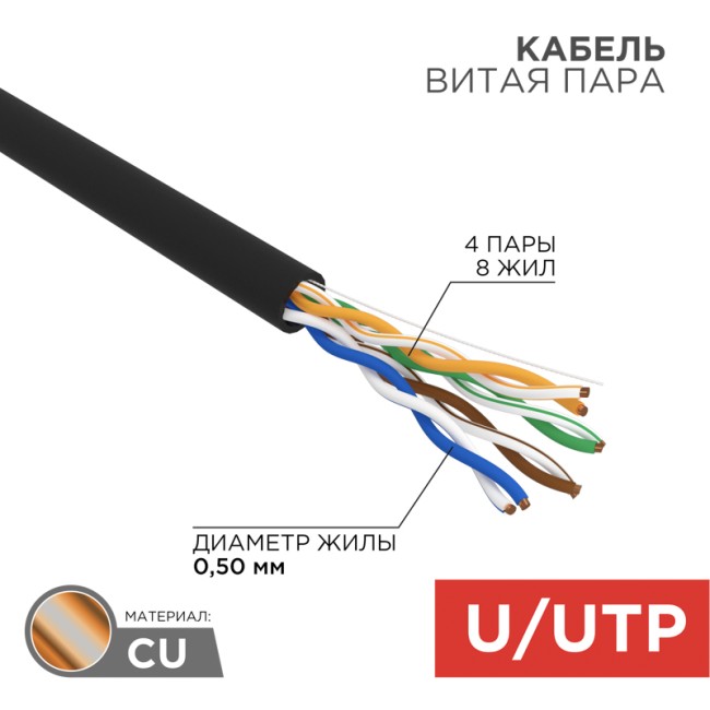 Кабель витая пара U/UTP, CAT 5e, PE, 4PR, 24AWG, OUTDOOR, SOLID, черный, 100м, REXANT