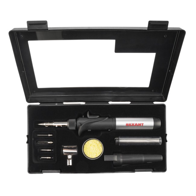 Паяльник-горелка с пьезоподжигом, газовый, 17мл, 6 насадок + припой + губка, коробка REXANT