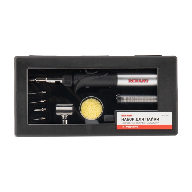 Паяльник-горелка с пьезоподжигом, газовый, 17мл, 6 насадок + припой + губка, коробка REXANT