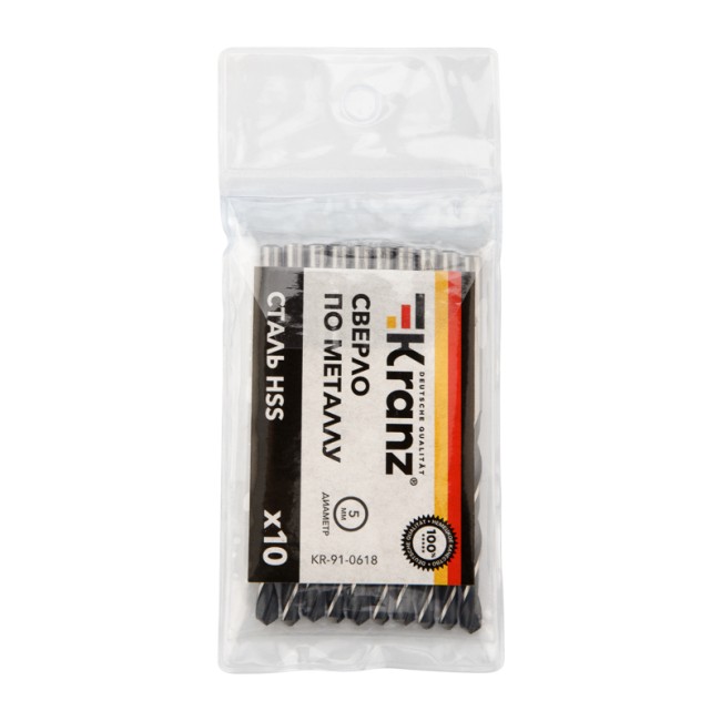 Сверло по металлу 5,0х86х52 мм HSS (10 шт. в упаковке) DIN 338 Kranz