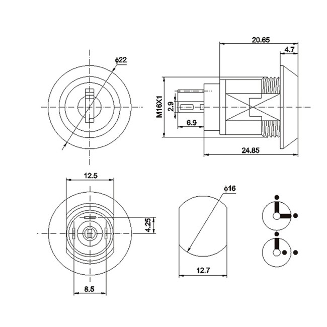 Переключатель ключ Ø16 250V 2А (3с) ON-ON (K16-05) REXANT Переключатель ключ Ø16 250V 2А (3с) ON-ON (K16-05) REXANT
