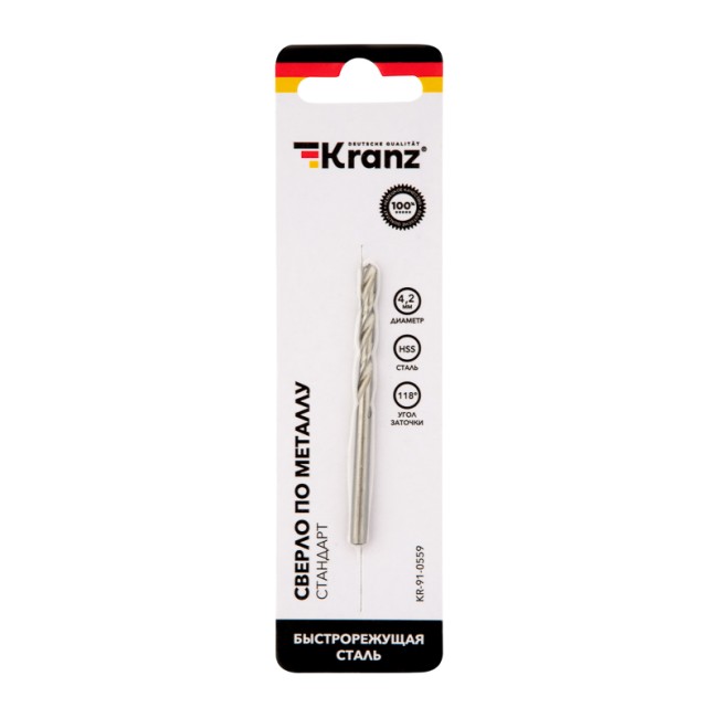 Сверло по металлу 4,2х75х43 мм HSS (1 шт. в упаковке) DIN 338 KRANZ