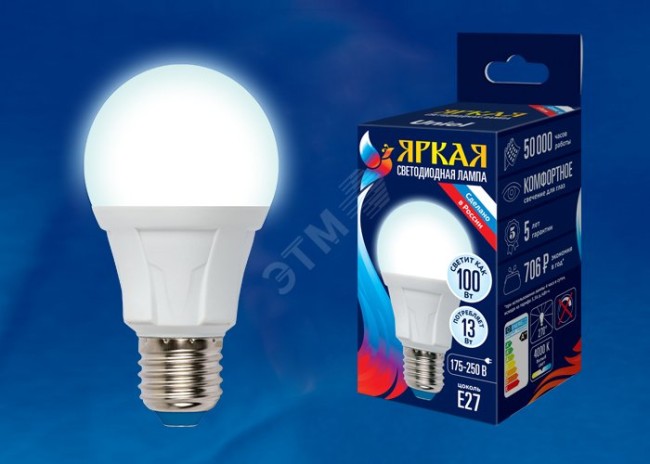 LED-A60 13W/4000K/E27/FR PLP01WH Лампа светодиодная. Форма «А», матовая. Серия Яркая. Белый свет (4000K). Картон. ТМ Uniel.