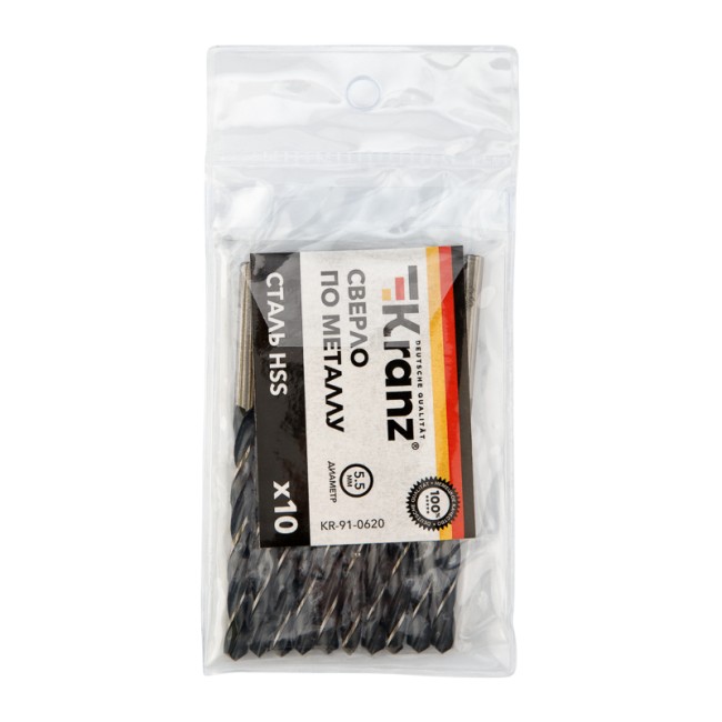 Сверло по металлу 5,5х93х57 мм HSS (10 шт. в упаковке) DIN 338 Kranz Сверло по металлу 5,5х93х57 мм HSS (10 шт. в упаковке) DIN 338 Kranz