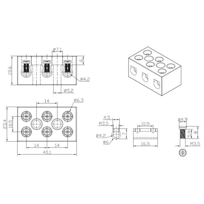 Клемма керамическая винтовая КВ 10 мм² 3 пары контактов с крепежным отверстием (84 шт./уп.) REXANT