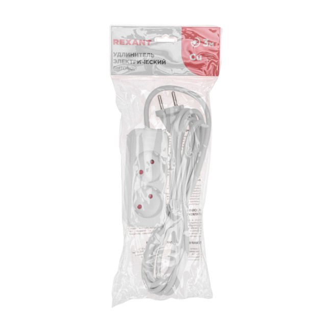 Удлинитель STANDARD 2 гнезда, 3м, 2х1,0мм², б/з, белый REXANT Удлинитель STANDARD 2 гнезда, 3м, 2х1,0мм², б/з, белый REXANT
