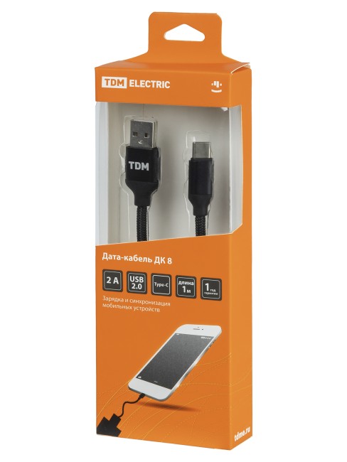 Дата-кабель, ДК 8, USB - USB Type-C, 1 м, тканевая оплетка, черный, TDM
