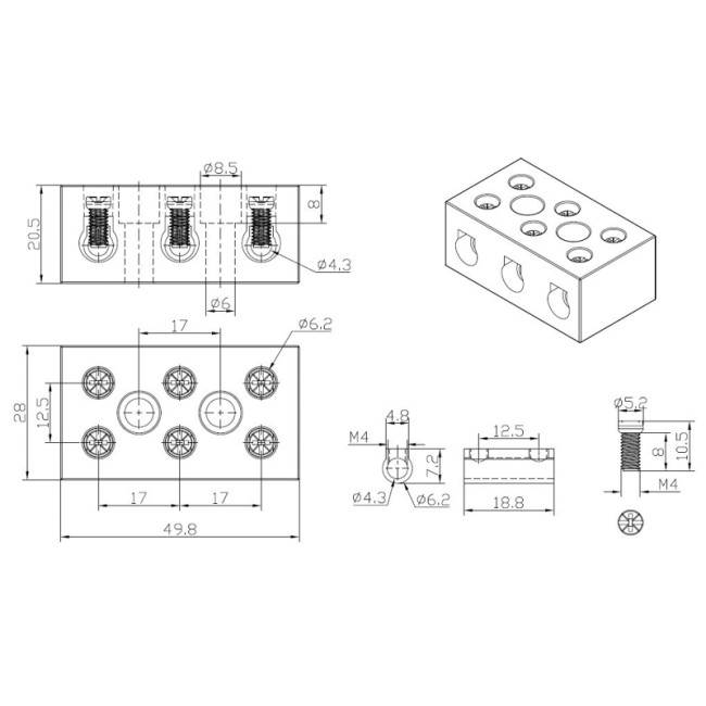 Клемма керамическая винтовая КВ 12 мм² 3 пары контактов с крепежным отверстием (45 шт./уп.) REXANT