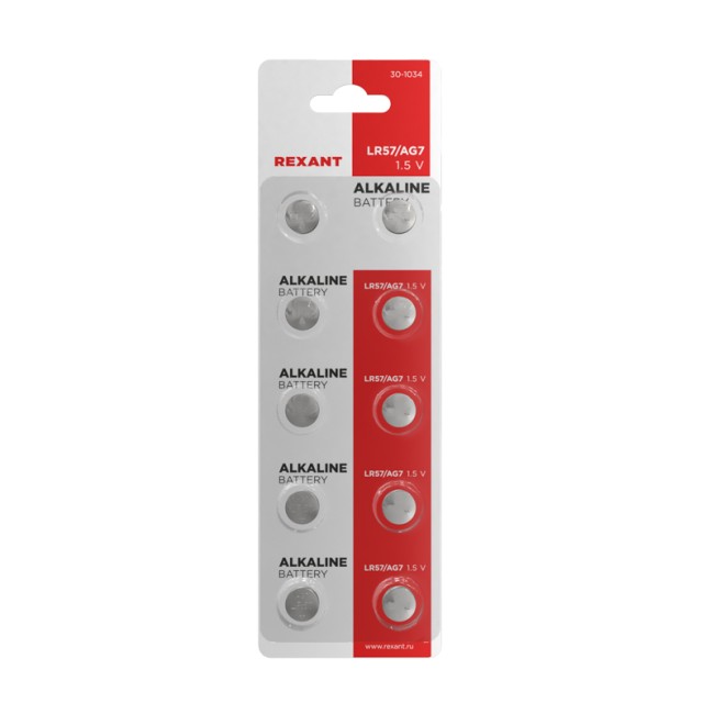 Батарейка часовая LR57, 1,5В, 10 шт (AG7, LR926, G7, 195, GP95A, 395, SR927W) блистер REXANT
