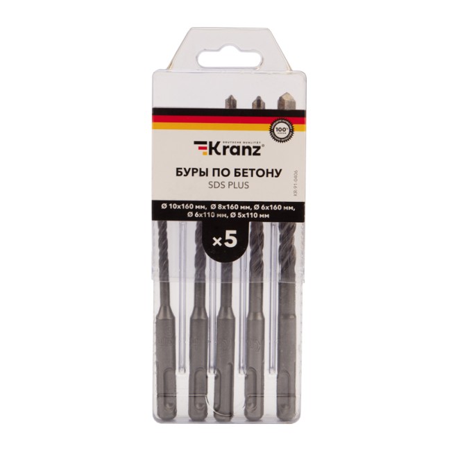 Набор буров по бетону 5-6х110х50, 6-8-10х160х100 мм, 5 шт., в пластиковой коробке SDS PLUS Kranz