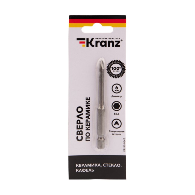 Сверло по стеклу и керамике 6 мм, 2 грани, шестигранный хвостовик Kranz Сверло по стеклу и керамике 6 мм, 2 грани, шестигранный хвостовик Kranz