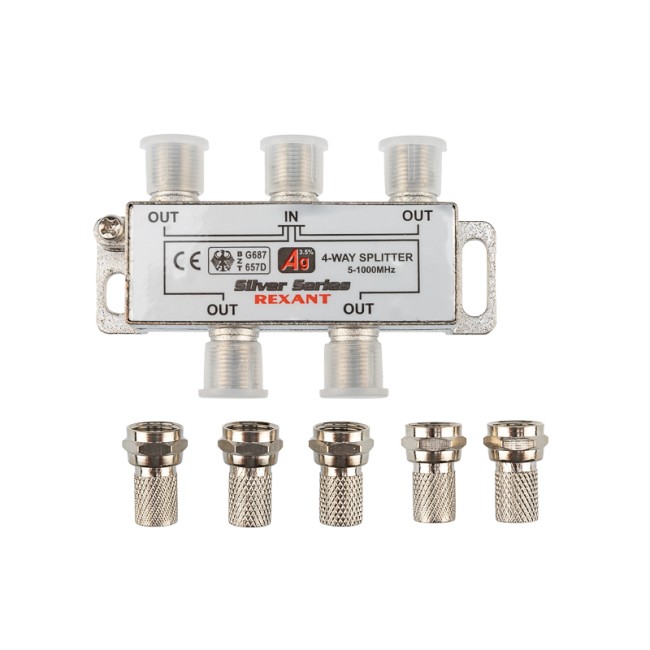 Делитель ТВх4 под F-разъем, 5-1000МГц, Silver (5 F-разъемов в комплекте) REXANT