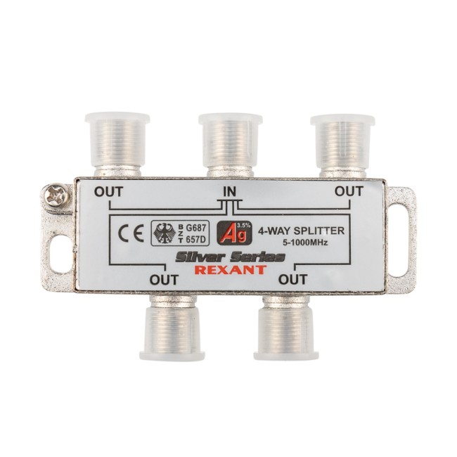 Делитель ТВх4 под F-разъем, 5-1000МГц, Silver (5 F-разъемов в комплекте) REXANT