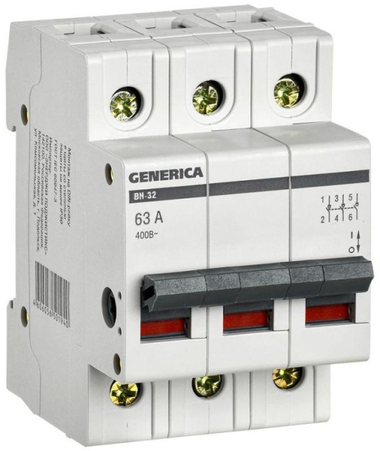 Выключатель нагрузки (мини-рубильник) 3п 63А ВН-32 GENERICA MNV15-3-063 Выключатель нагрузки (мини-рубильник) 3п 63А ВН-32 GENERICA MNV15-3-063