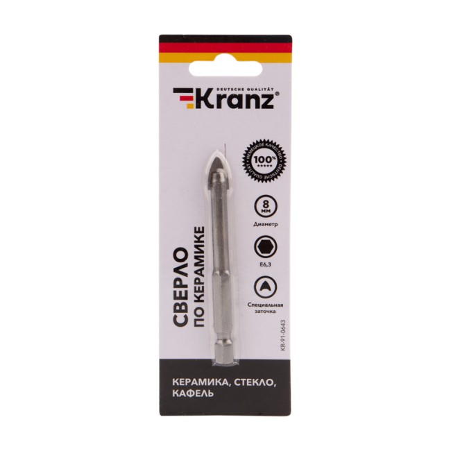 Сверло по стеклу и керамике 8 мм, 2 грани, шестигранный хвостовик Kranz