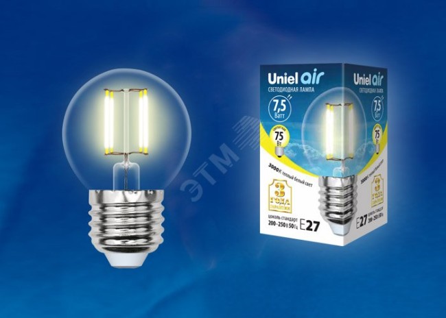 LED-G45-7,5W/WW/E27/CL GLA01TR Лампа светодиодная. Форма ''шар'', прозрачная. Серия Air. Теплый белый свет (3000K). Картон. ТМ Uniel