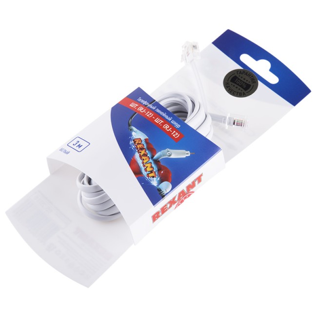 Удлинитель телефонный 6р-4с, 3 м, белый REXANT 