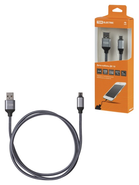 Дата-кабель, ДК 10, USB - micro USB, 1 м, тканевая оплетка, серый, TDM