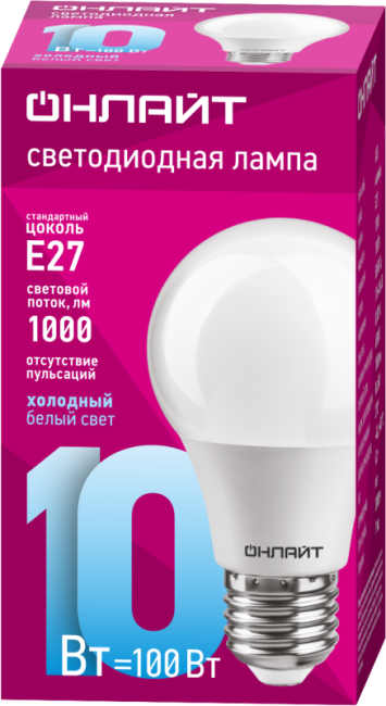 Лампа светодиодная 61 140 OLL-A60-10-230-6.5K-E27 10Вт грушевидная ОНЛАЙТ 61140