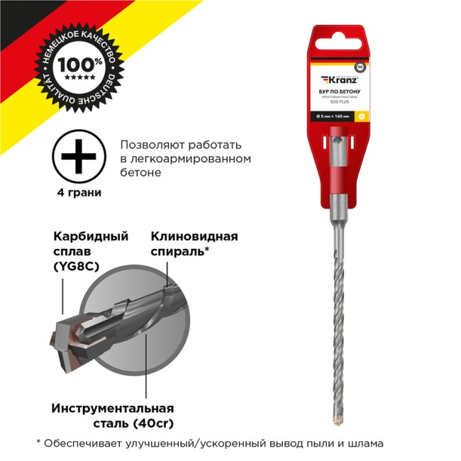 Бур по бетону 5x160x100 мм крестовая пластина SDS PLUS Kranz