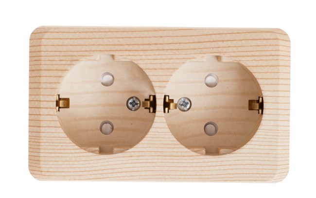 ЭТЮД Розетка двойная наружная с заземлением со шторками Сосна