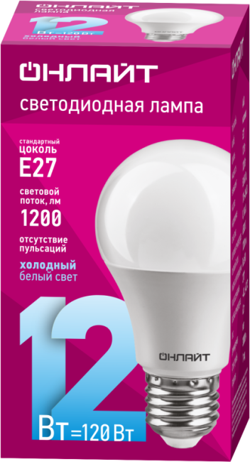 Лампа светодиодная 61 141 OLL-A60-12-230-6.5K-E27 12Вт грушевидная ОНЛАЙТ 61141