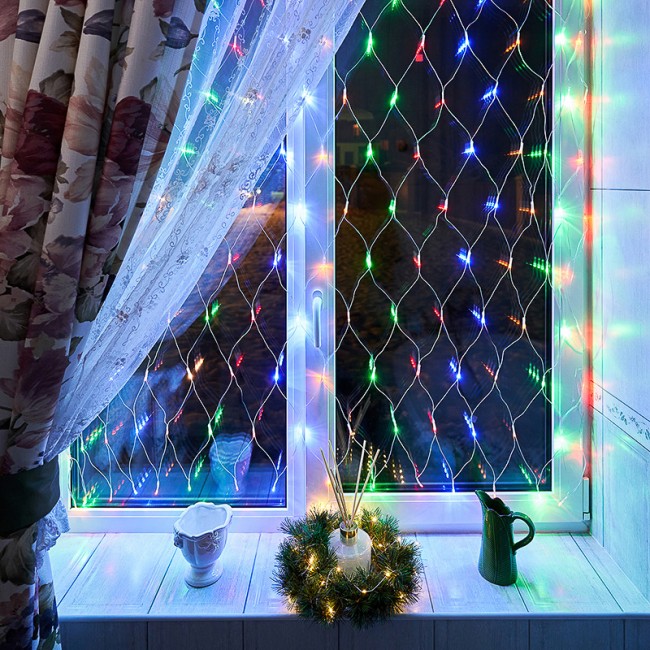 Гирлянда Сеть 1,5х1,5 м, прозрачный ПВХ, 96 LED мультиколор Гирлянда Сеть 1,5х1,5 м, прозрачный ПВХ, 96 LED мультиколор