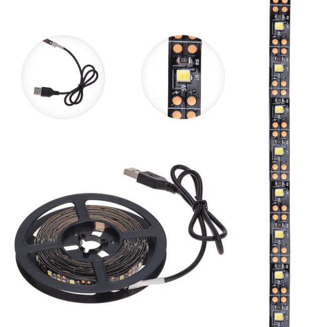 Лента светодиодная 5В, SMD2835, 4,8Вт/м, 60 LED/м, 6500K, 8мм, 3м, с USB коннектором, черная, IP20 LAMPER