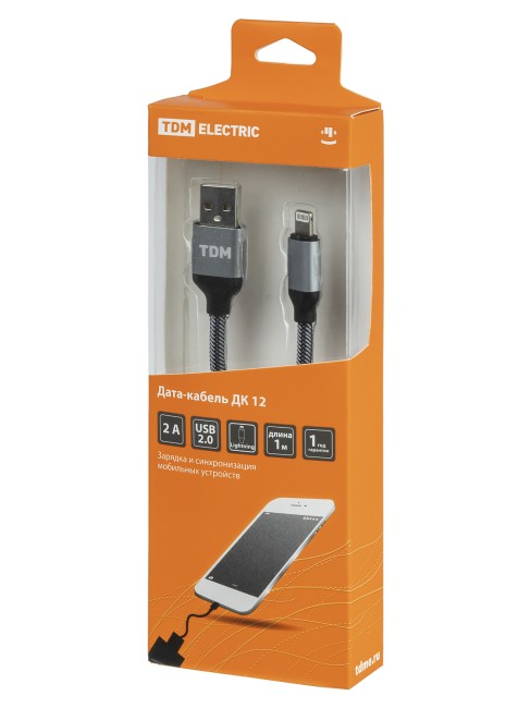 Дата-кабель, ДК 12, USB - Lightning, 1 м, тканевая оплетка, серый, TDM
