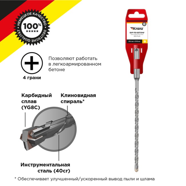 Бур по бетону 6x210x150 мм крестовая пластина SDS PLUS Kranz