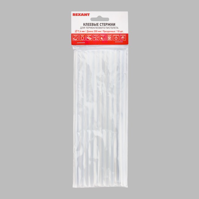 Стержни клеевые Ø7мм, 200мм, прозрачные (10 шт/уп), хедер REXANT Стержни клеевые Ø7мм, 200мм, прозрачные (10 шт/уп), хедер REXANT