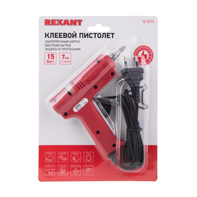 Пистолет клеевой, 15Вт, Ø7мм, без кнопки, блистер REXANT Пистолет клеевой, 15Вт, Ø7мм, без кнопки, блистер REXANT