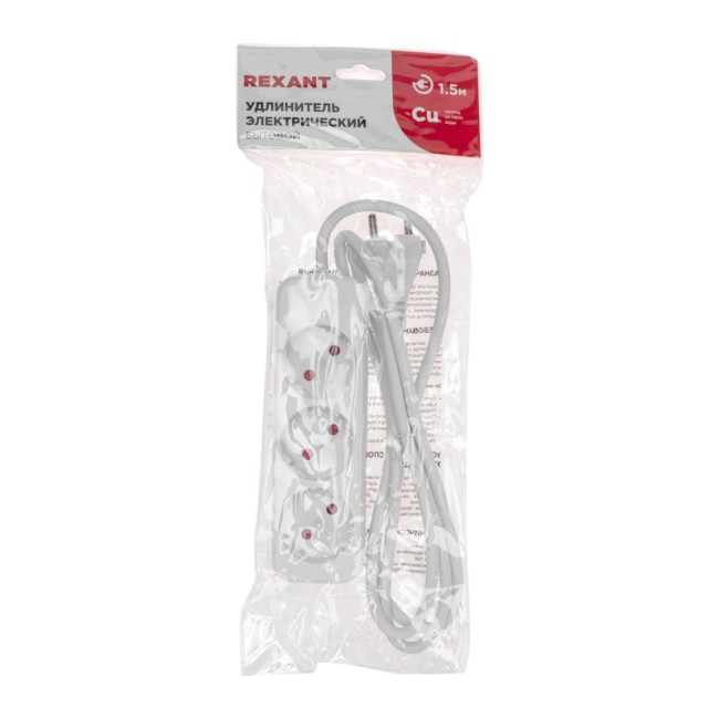 Удлинитель STANDARD 3 гнезда, 1,5м, 2х1,0мм², б/з, белый REXANT Удлинитель STANDARD 3 гнезда, 1,5м, 2х1,0мм², б/з, белый REXANT