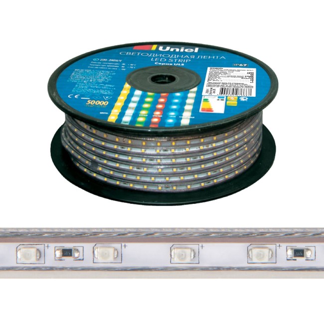 ULS-2835-60LED/m-10mm-IP67-220V-8W/m-50M-BLUE Светодиодная гибкая герметичная лента. Бобина 50 м. Синий свет. TM Uniel., шк 4690485084440