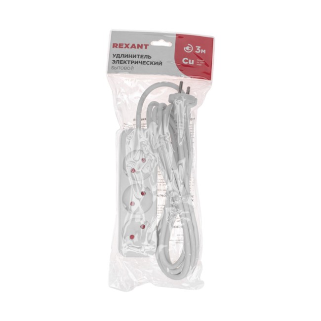 Удлинитель STANDARD 3 гнезда, 3м, 2х1,0мм², б/з, белый REXANT Удлинитель STANDARD 3 гнезда, 3м, 2х1,0мм², б/з, белый REXANT
