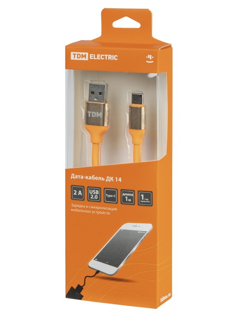 Дата-кабель, ДК 14, USB - USB Type-C, 1 м, силиконовая оплетка, оранжевый, TDM
