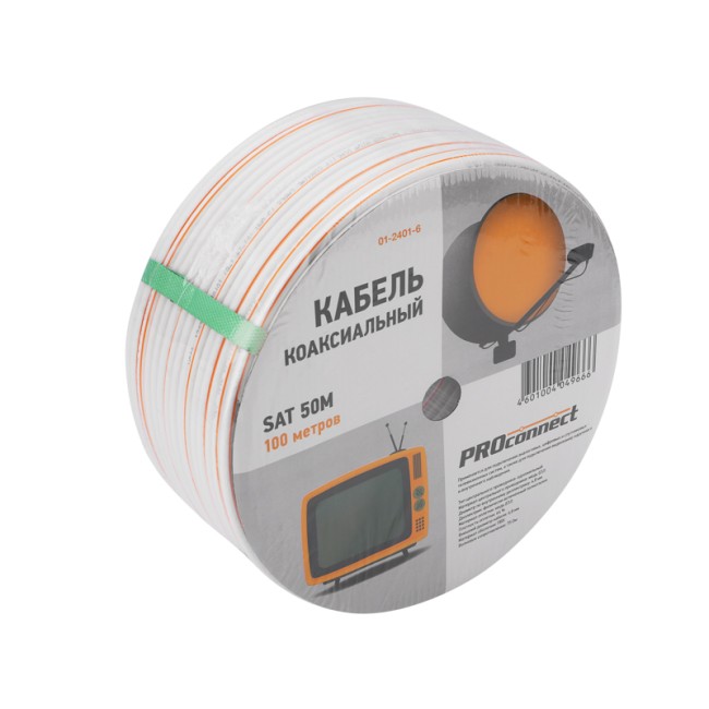 Кабель коаксиальный SAT 50 M, Cu/Al/Cu, 64%, 75Ом, 100м, INDOOR, белый PROconnect Кабель коаксиальный SAT 50 M, Cu/Al/Cu, 64%, 75Ом, 100м, INDOOR, белый PROconnect