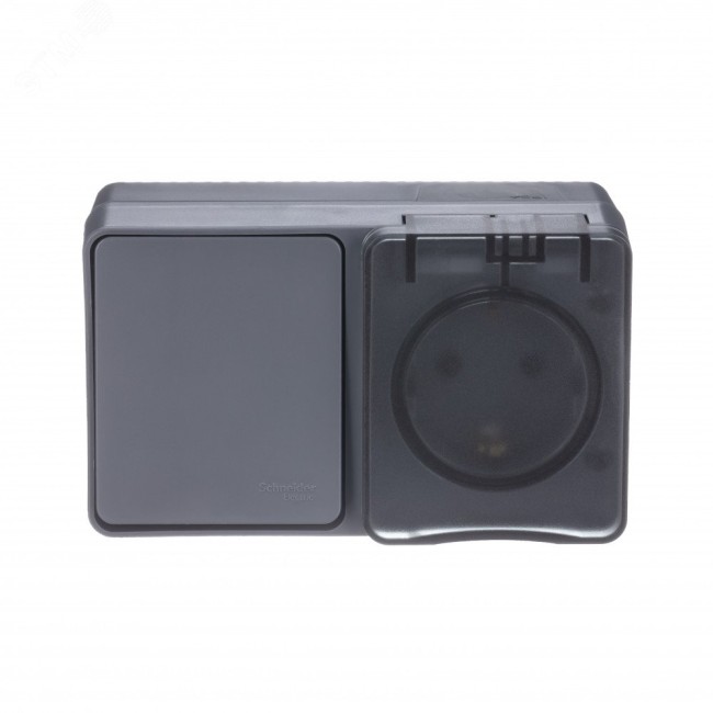 AtlasDesign Profi54 БЛОК:розетка с заземлением со шторками 16А 250B, выключатель одноклавишный IP54 10А, АНТРАЦИТ, Россия AtlasDesign Profi54 БЛОК:розетка с заземлением со шторками 16А 250B, выключатель одноклавишный IP54 10А, АНТРАЦИТ, Россия