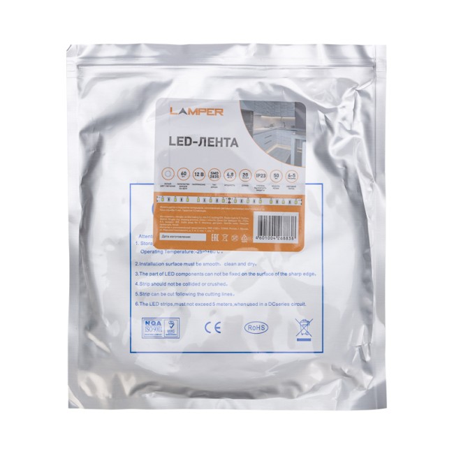 Лента светодиодная 12В, SMD2835, 4,8Вт/м, 60 LED/м, 6500К, 8мм, 20м, для БП с клеммами, IP20 LAMPER