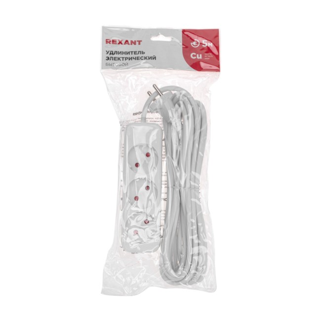 Удлинитель STANDARD 3 гнезда, 5м, 2х1,0мм², б/з, белый REXANT Удлинитель STANDARD 3 гнезда, 5м, 2х1,0мм², б/з, белый REXANT